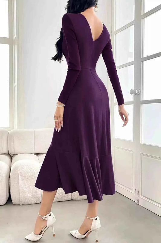 Long Sleeve Ruched Midi Dress with Asymmetrical Ruffle Hem