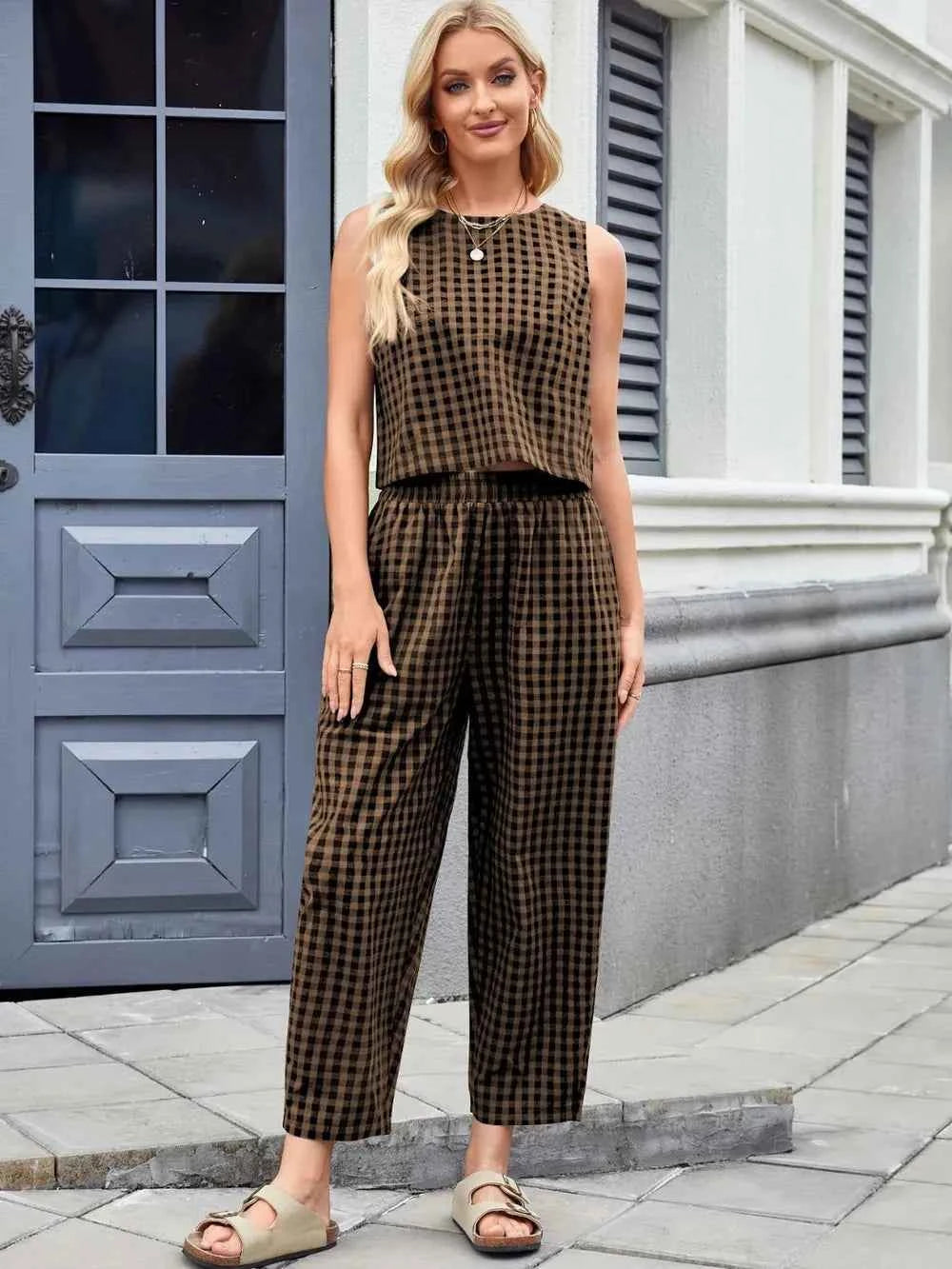 Plaid Sleeveless Top and Pants Set