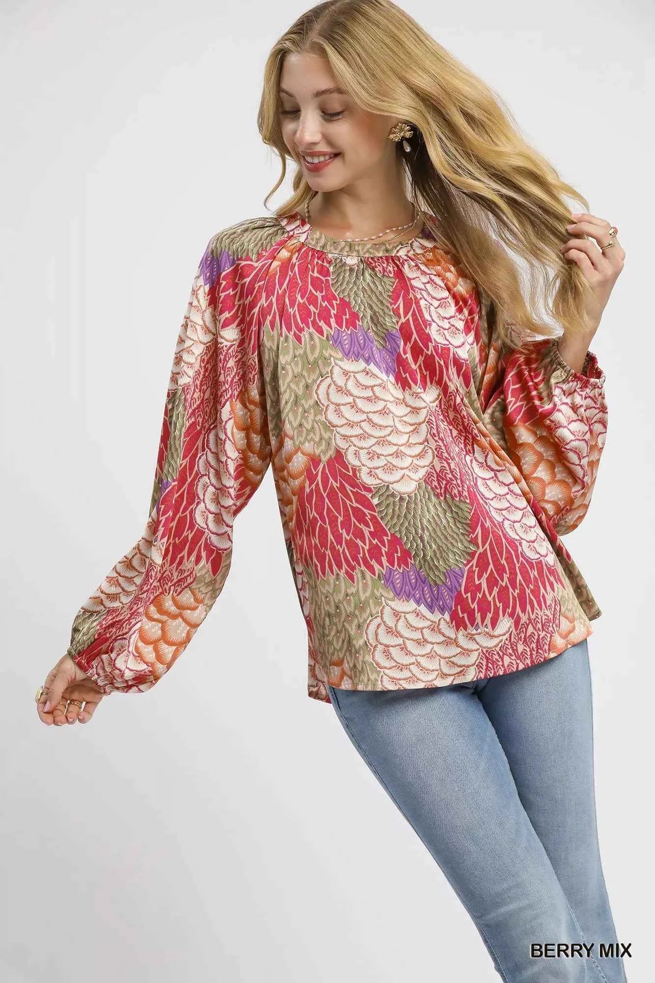 Umgee Boho Feather Print Peasant Blouse