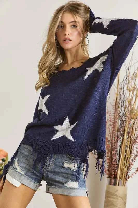 ADORA Distressed Star Sweater Top