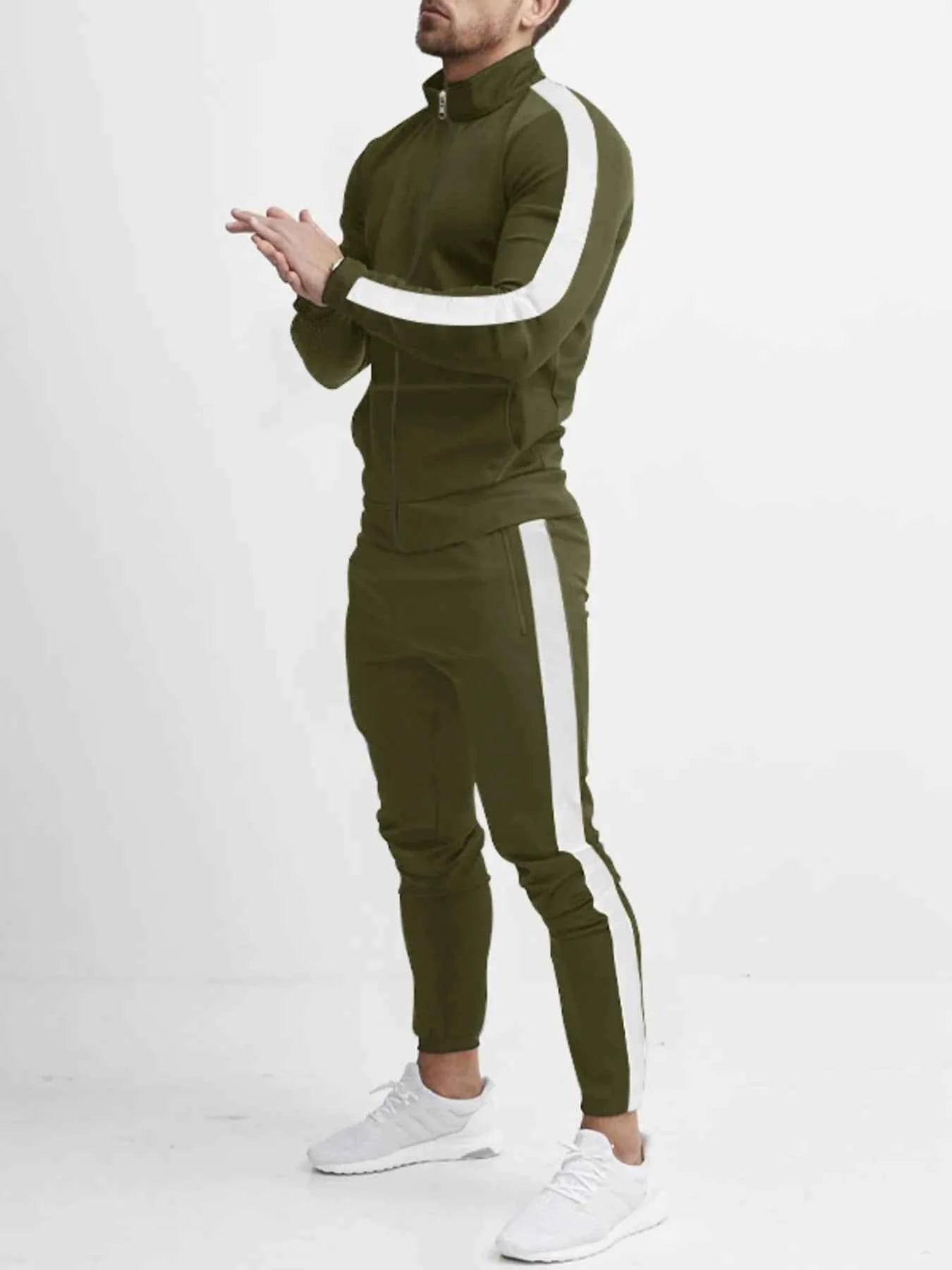 Men's Full Size Side Stripes Zip Up Top and Pants Set Plus Size