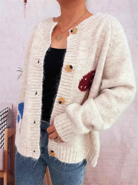 Mushroom Pattern Button-Up Cozy Knit Cardigan