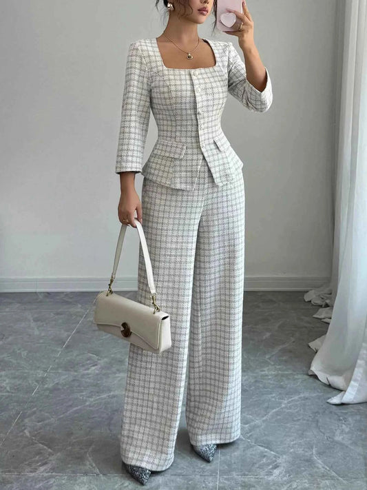 Plaid Square Neck Button Up Top and Pants Set