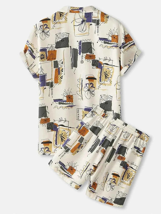 Men's Full Size Printed Button Up Shirt and Shorts Set Plus Size