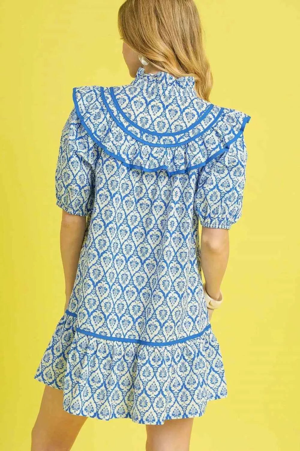 Umgee Ruffled Printed Puff Sleeve Mini Dress