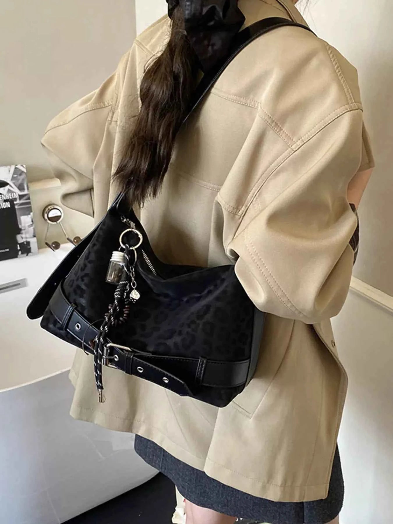 Leopard Print Suede Crossbody Bag