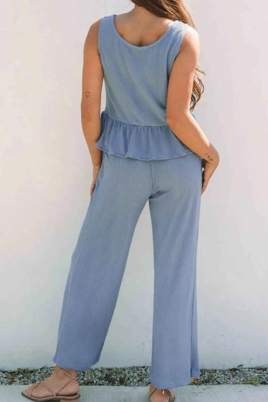 Color Ribbed Ruffle Tank Top and Pants Set