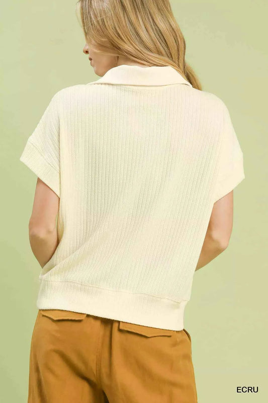 Umgee Textured Striped Zip Collar Knit Top