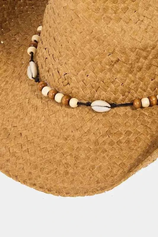 Fame Beaded Cowrie Shell Straw Weave Western Cowboy Hat