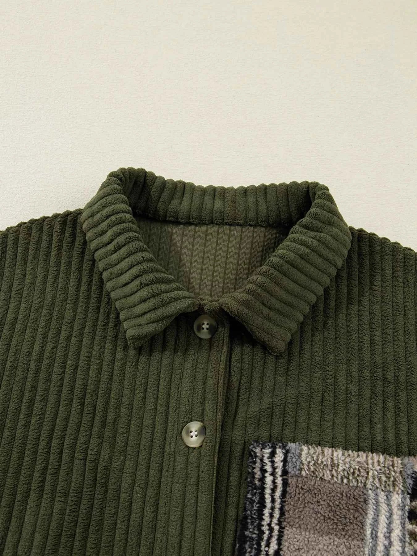 Ribbed Fleece Plaid Print Patchwork Button Up Jacket