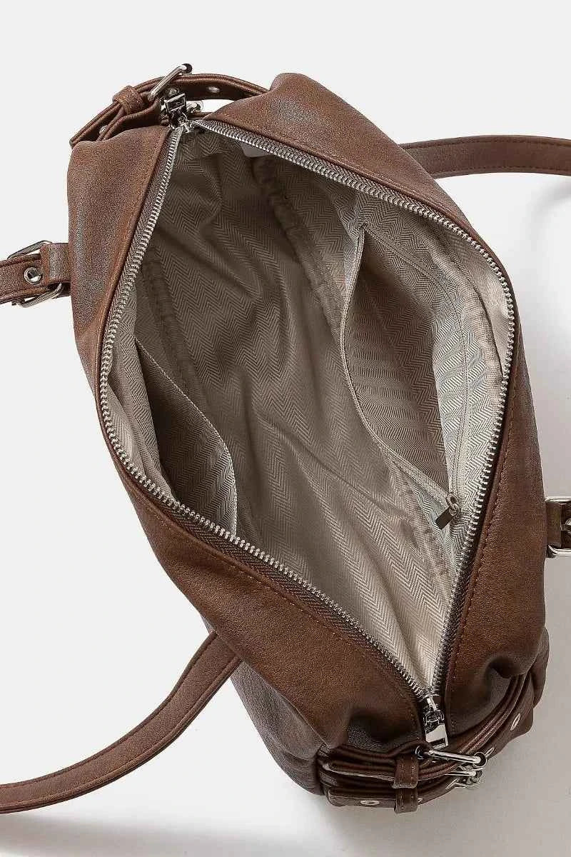 Fame Multi Grommet Belt Strap Rustic Rectangular Hand Bag