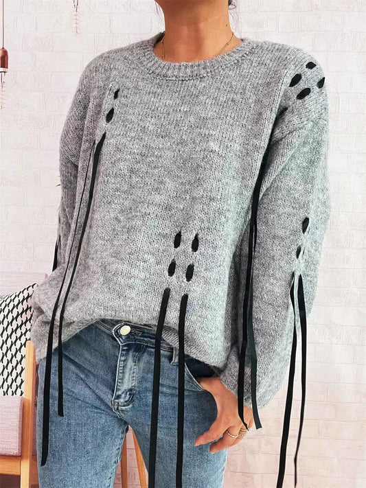 Round Neck Long Sleeve Sweater with Ribbon Details
