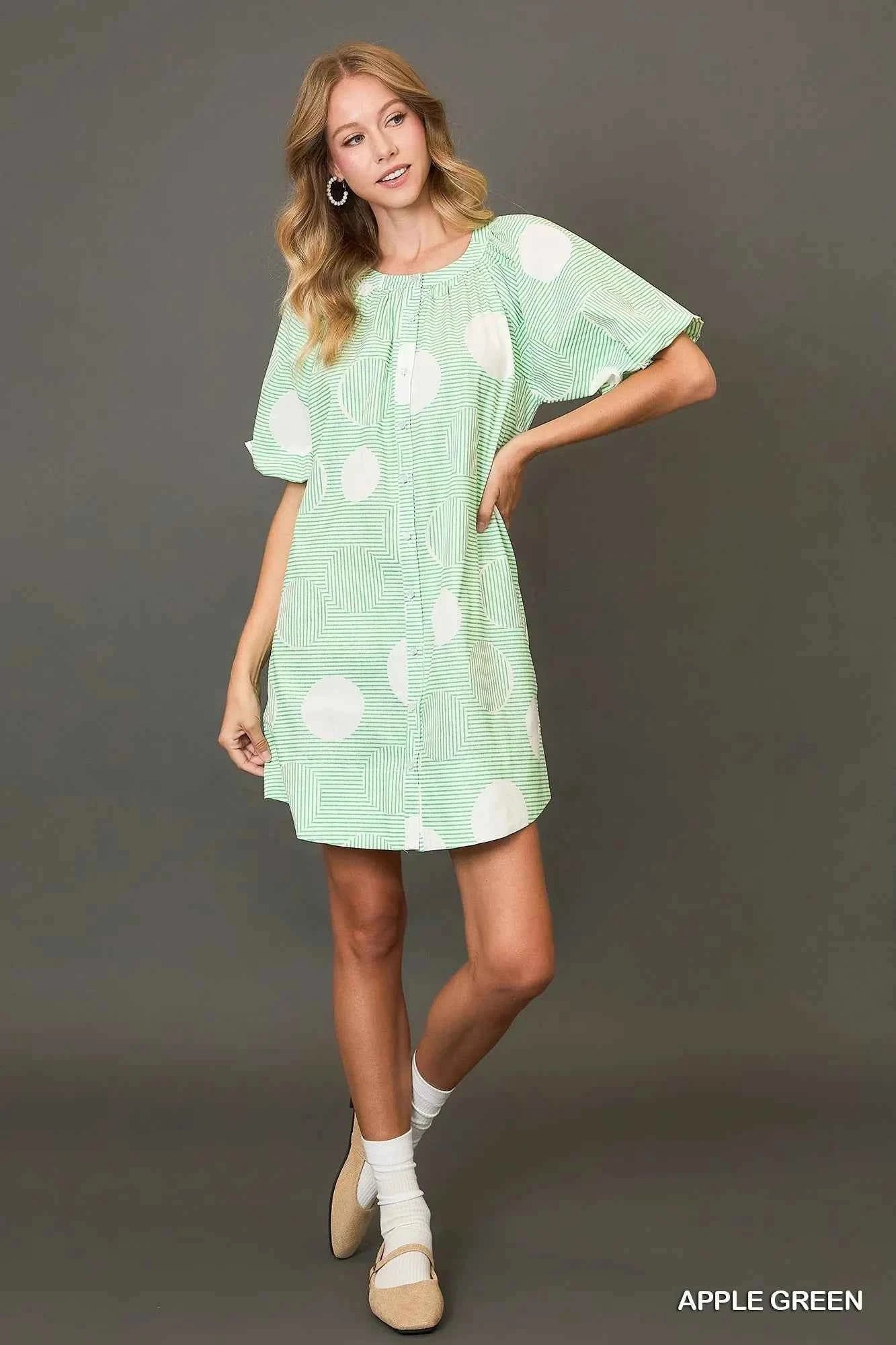 Umgee Stripe and Dot Print Button Down Puff Sleeve Mini Dress