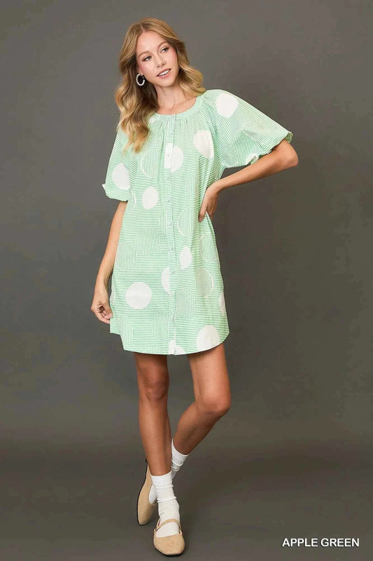 Umgee Stripe and Dot Print Button Down Puff Sleeve Mini Dress