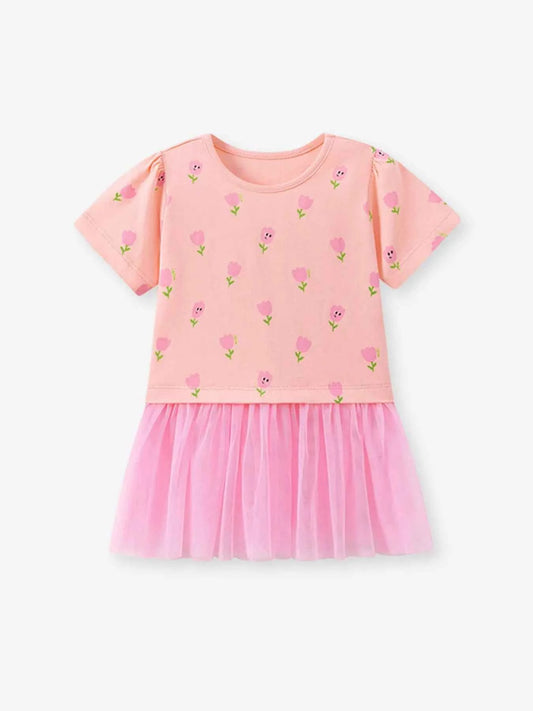 Children's Floral Print Tulle Layered Dress
