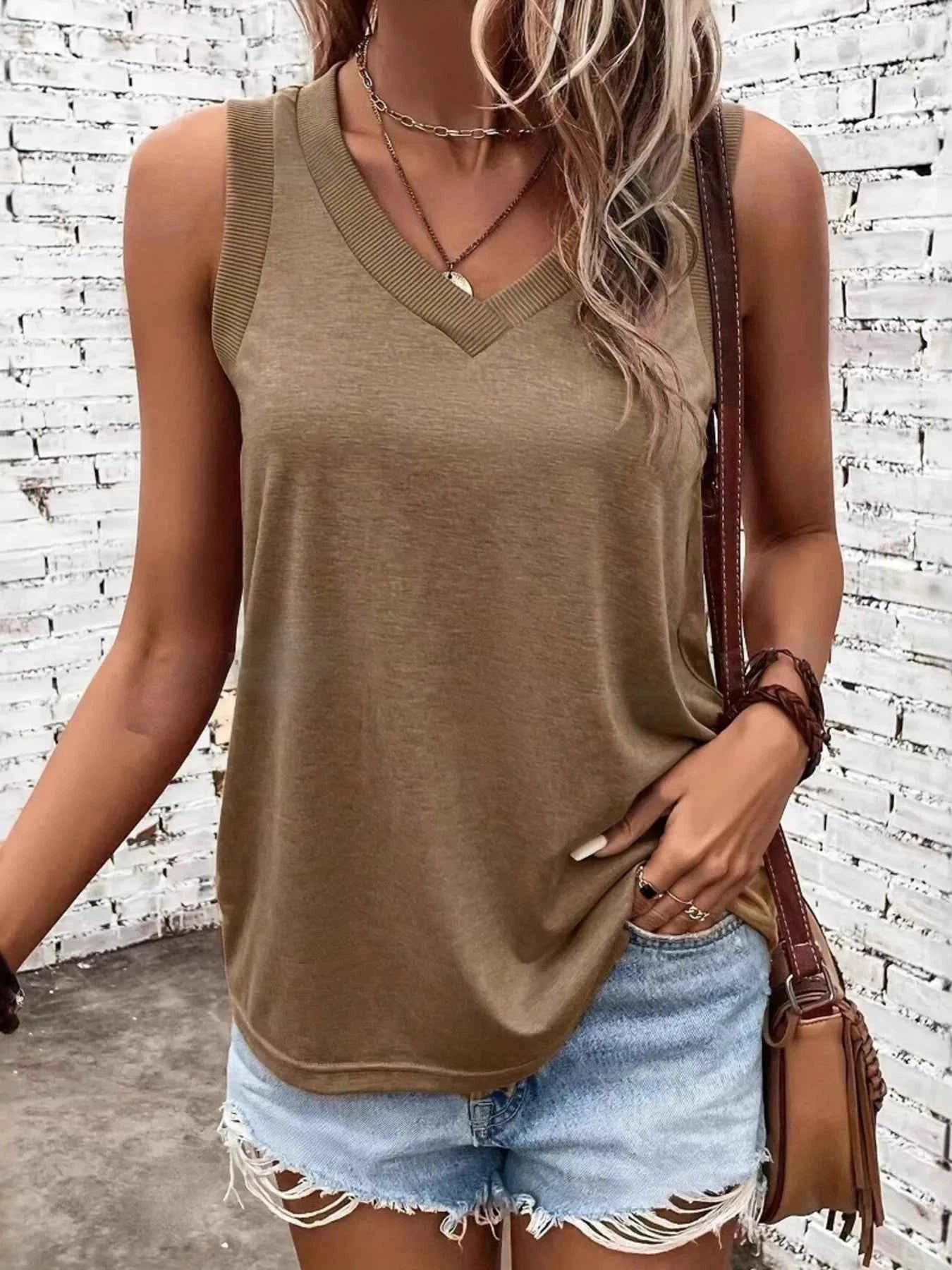 Breathable V-Neck Ribbed-Band Tank Top
