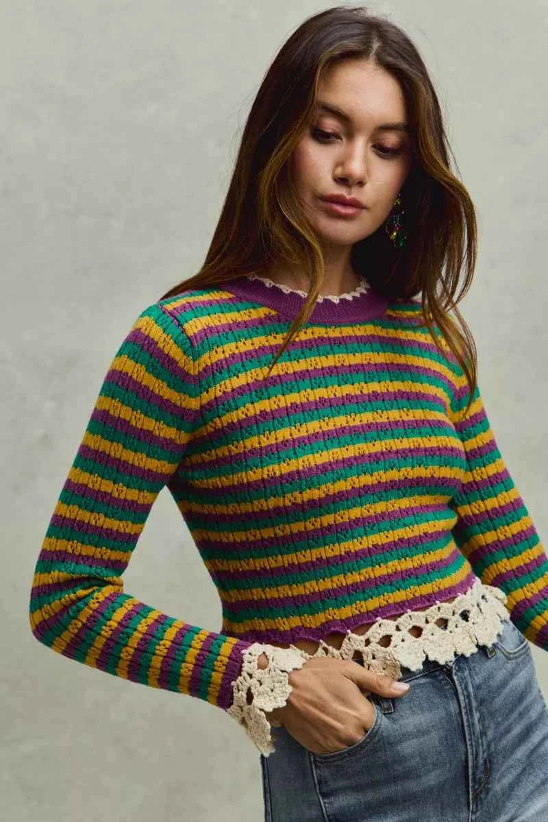 SO ME Mardi Gras Striped Cropped Knit Top with Crochet Edge