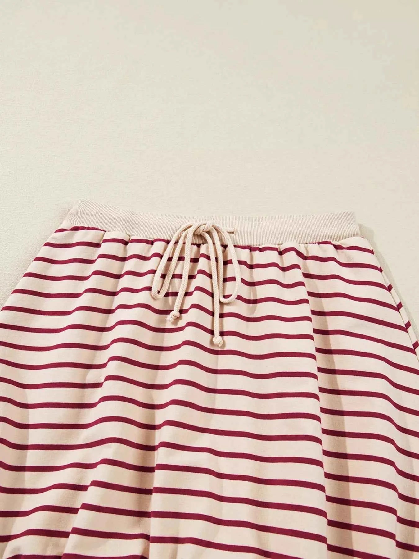 tripe Cropped Collared Drop Shoulder Pullover and Bubble Mini Skirt Set