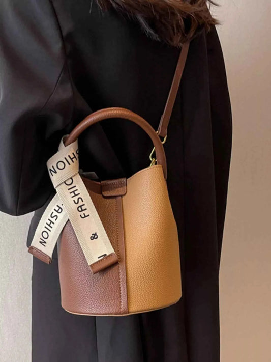 PU Leather Two-Tone Bucket Handbag