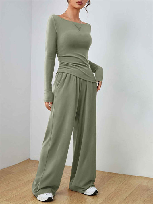 Casual Long Sleeve Top & Wide Leg Pants Set