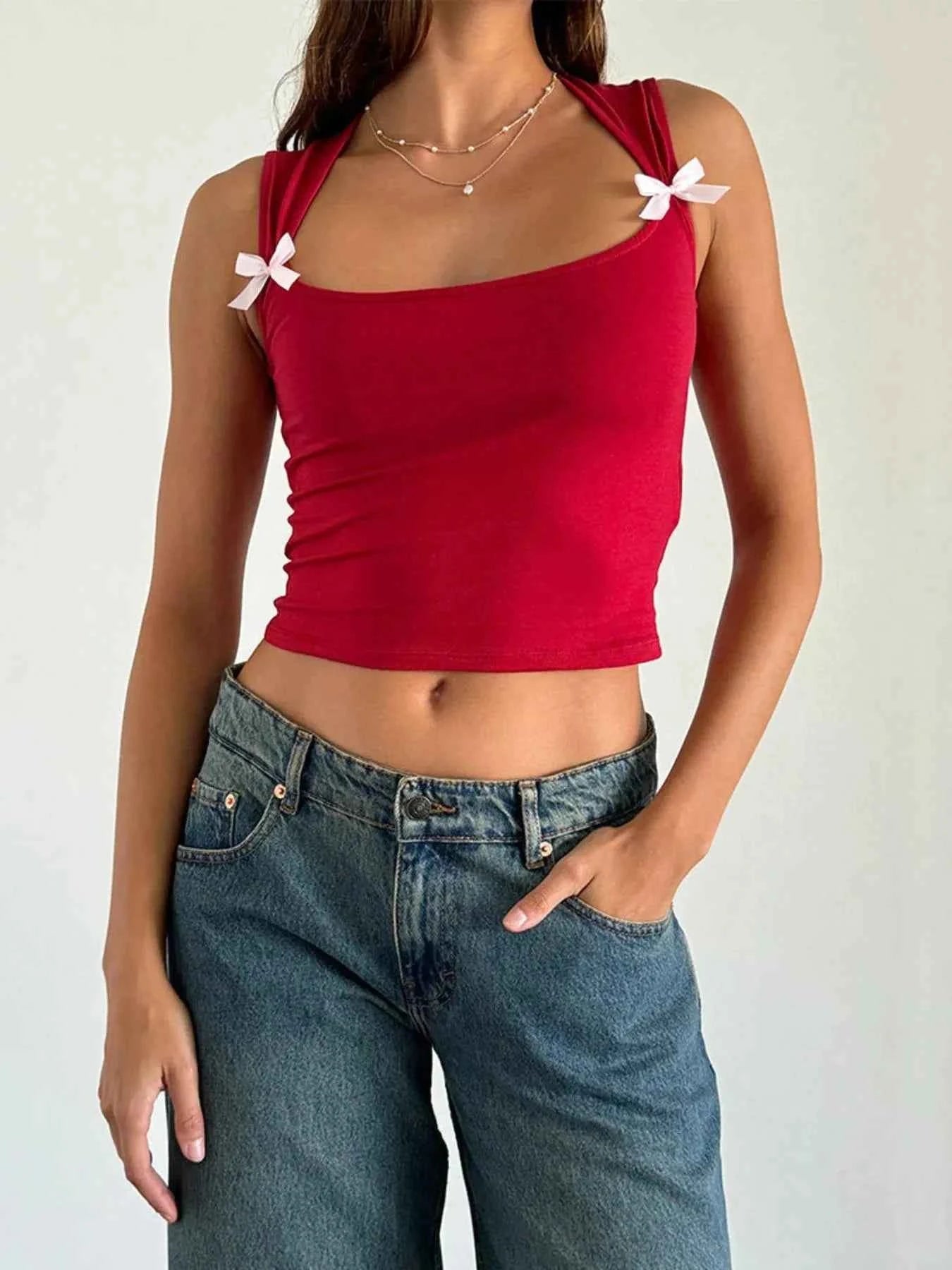 Bow Detail Square Neck Cropped Tank
