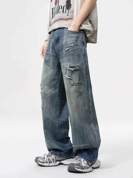 Men's Full Size Vintage Distressed Wide Leg Relaxed Fit Jeans Plus Size