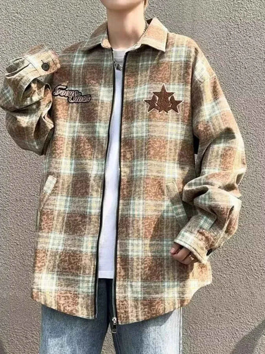 Men's Plaid Zip Up Long Sleeve Jacket
