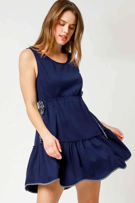 Umgee Frill Drawstring Waist Round Neck Mini Tank Dress