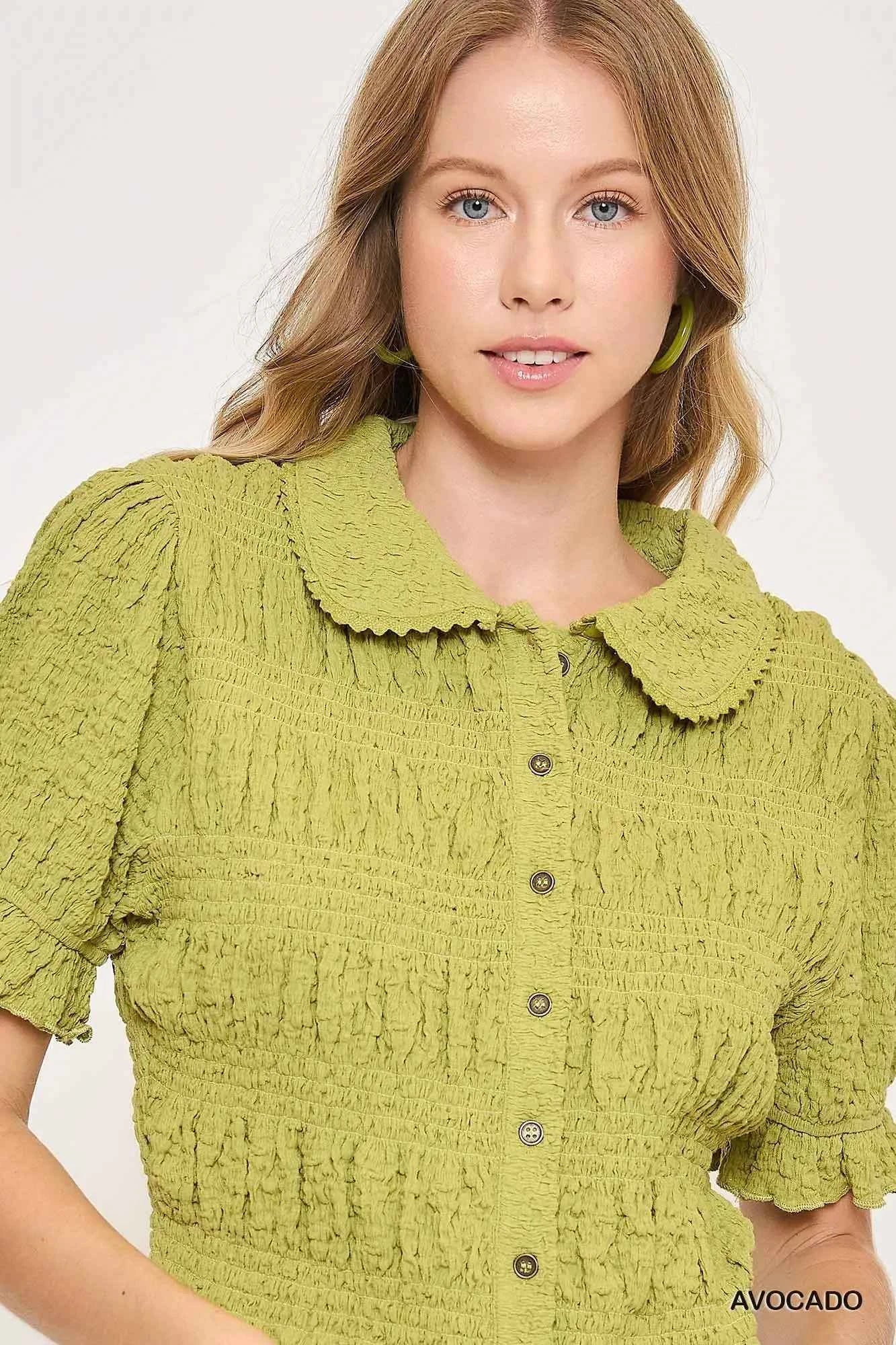 Umgee Smocked Short Sleeve Button-Front Shirt with Peter Pan Collar