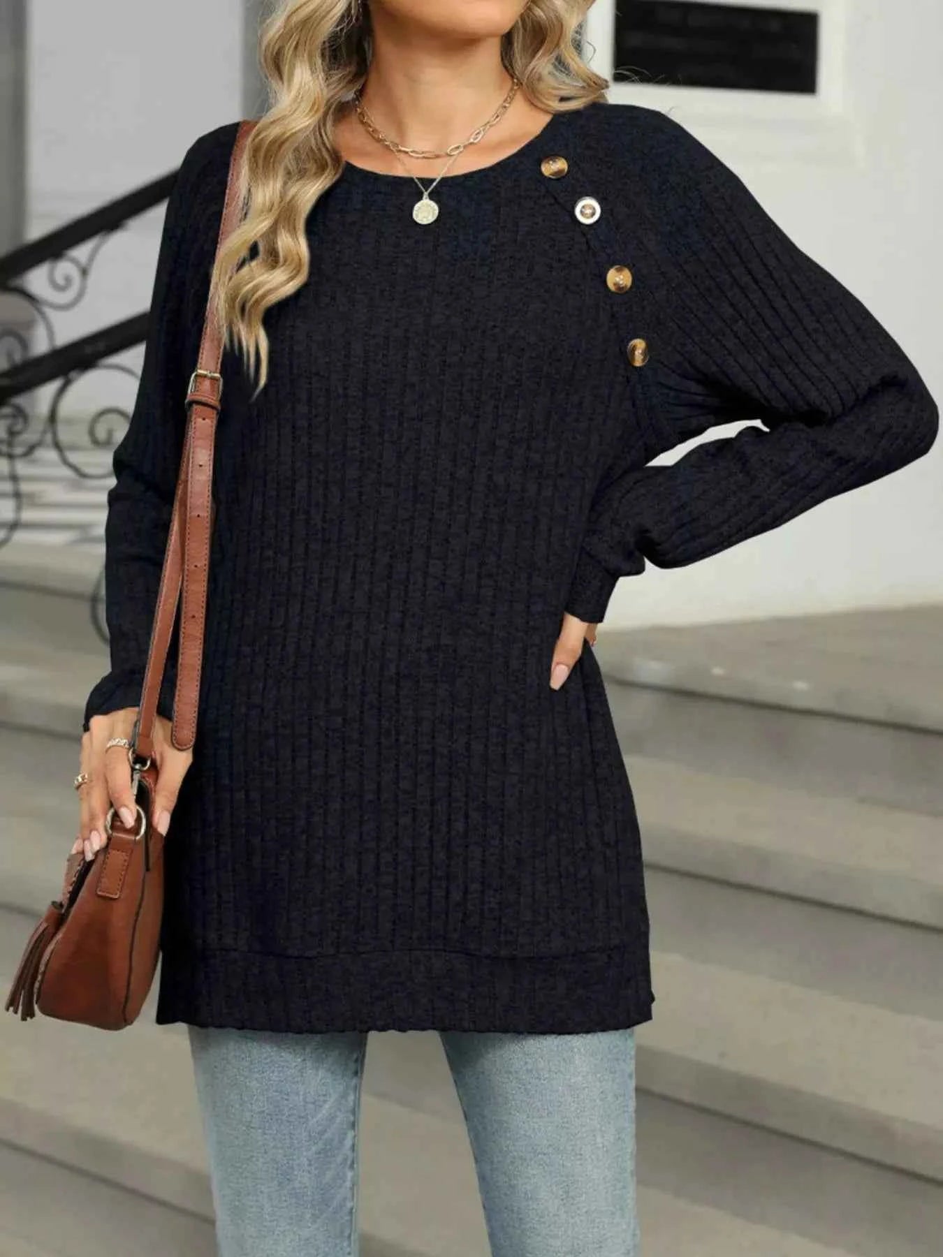Round Neck Side Slit Ribbed Knit Top with Asymmetric Button Detail