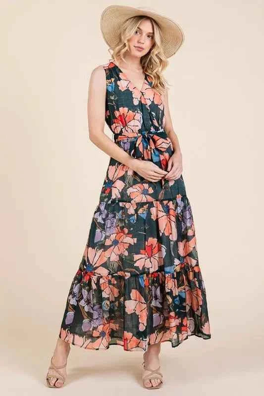 Lime 'N' Chili Floral Print Sleeveless Tie Waist Maxi Dress