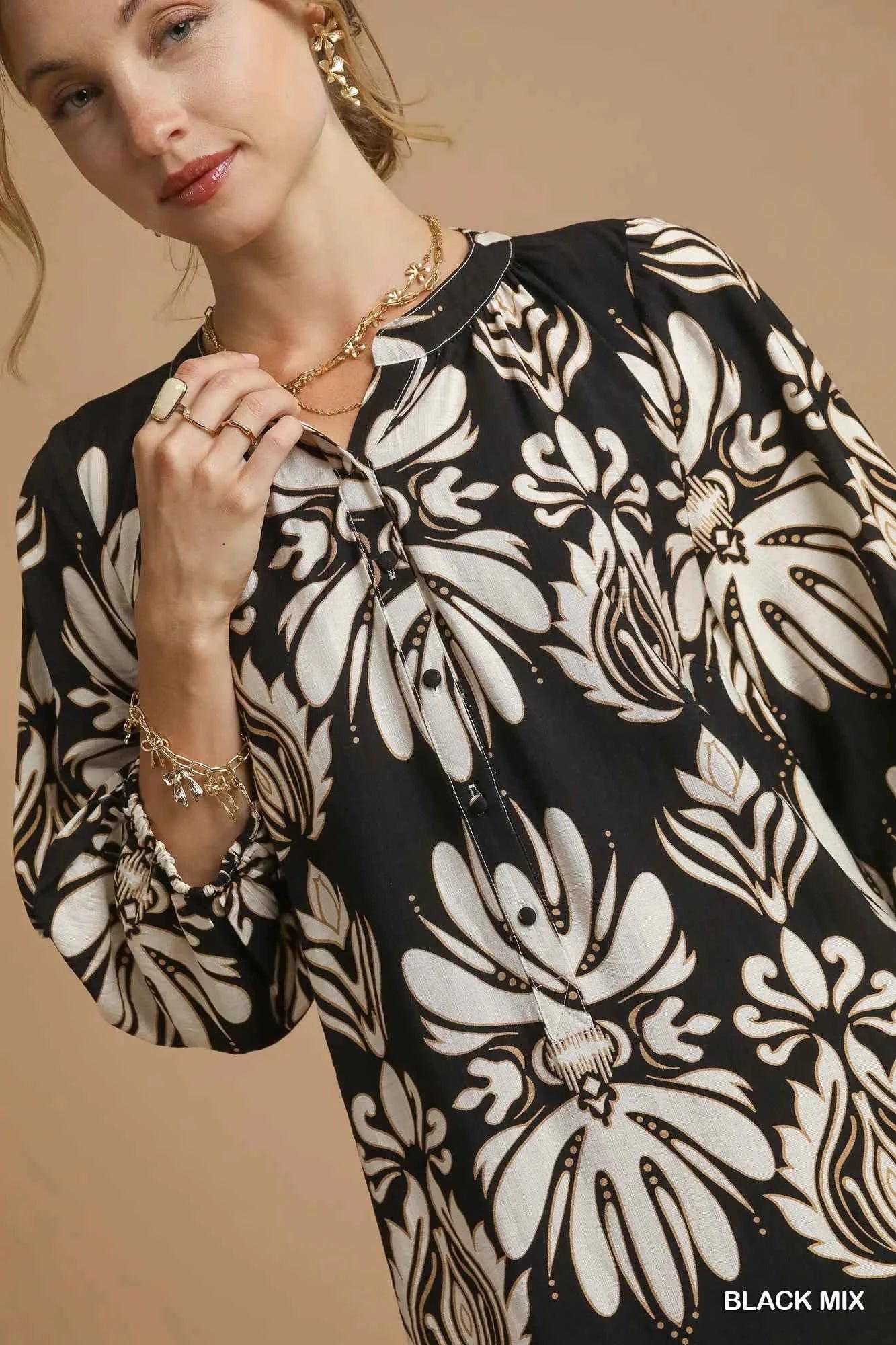 Umgee Mix Abstract Floral Print Midi Dress