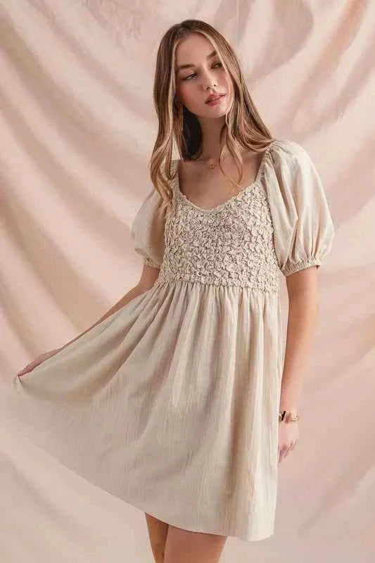 SO ME Textured Woven Daily Dress with Puff Sleeves