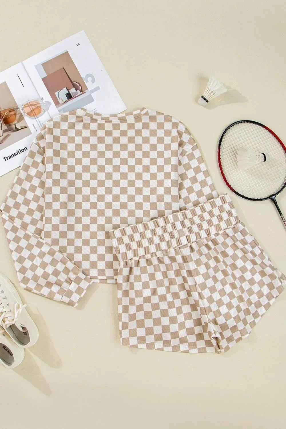 Checkered Long Sleeve Top and Skirt Two-Piece Set