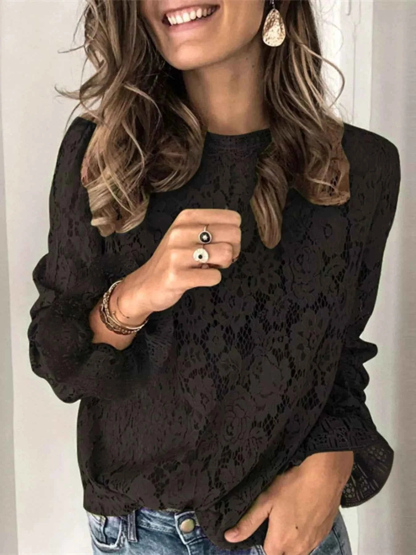 Full Size Floral Lace Flounce Sleeve Blouse Plus Size