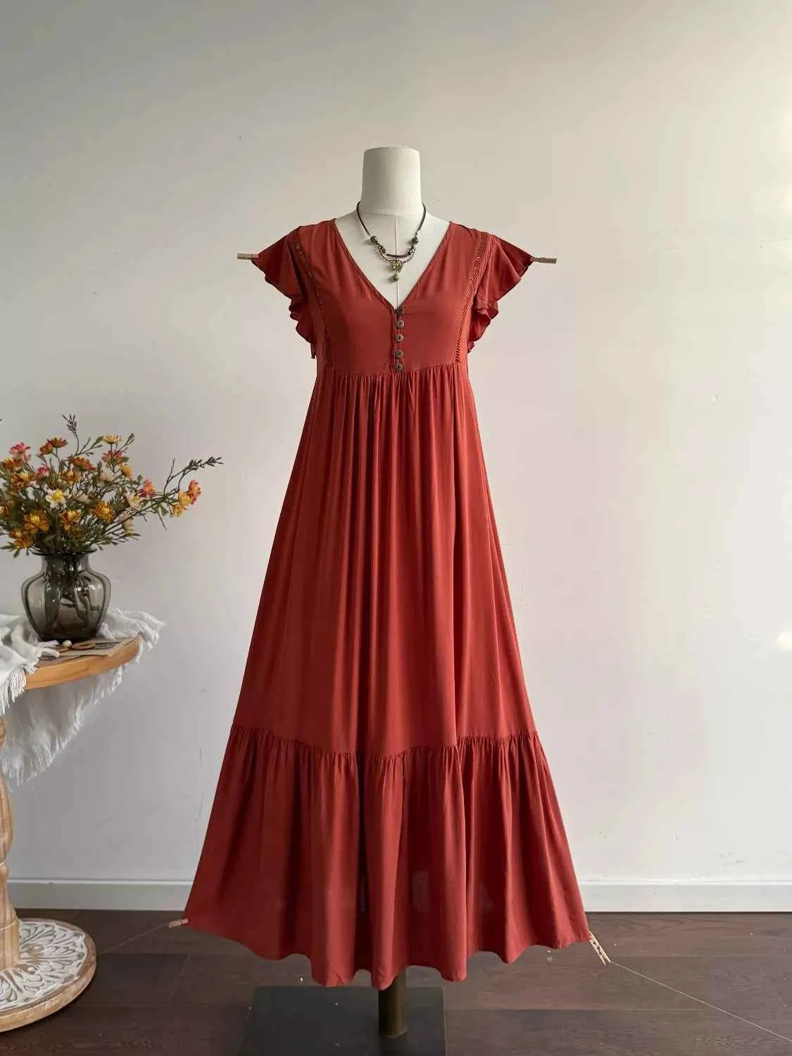 Ruffle Sleeve Maxi Dress with Button Detail
