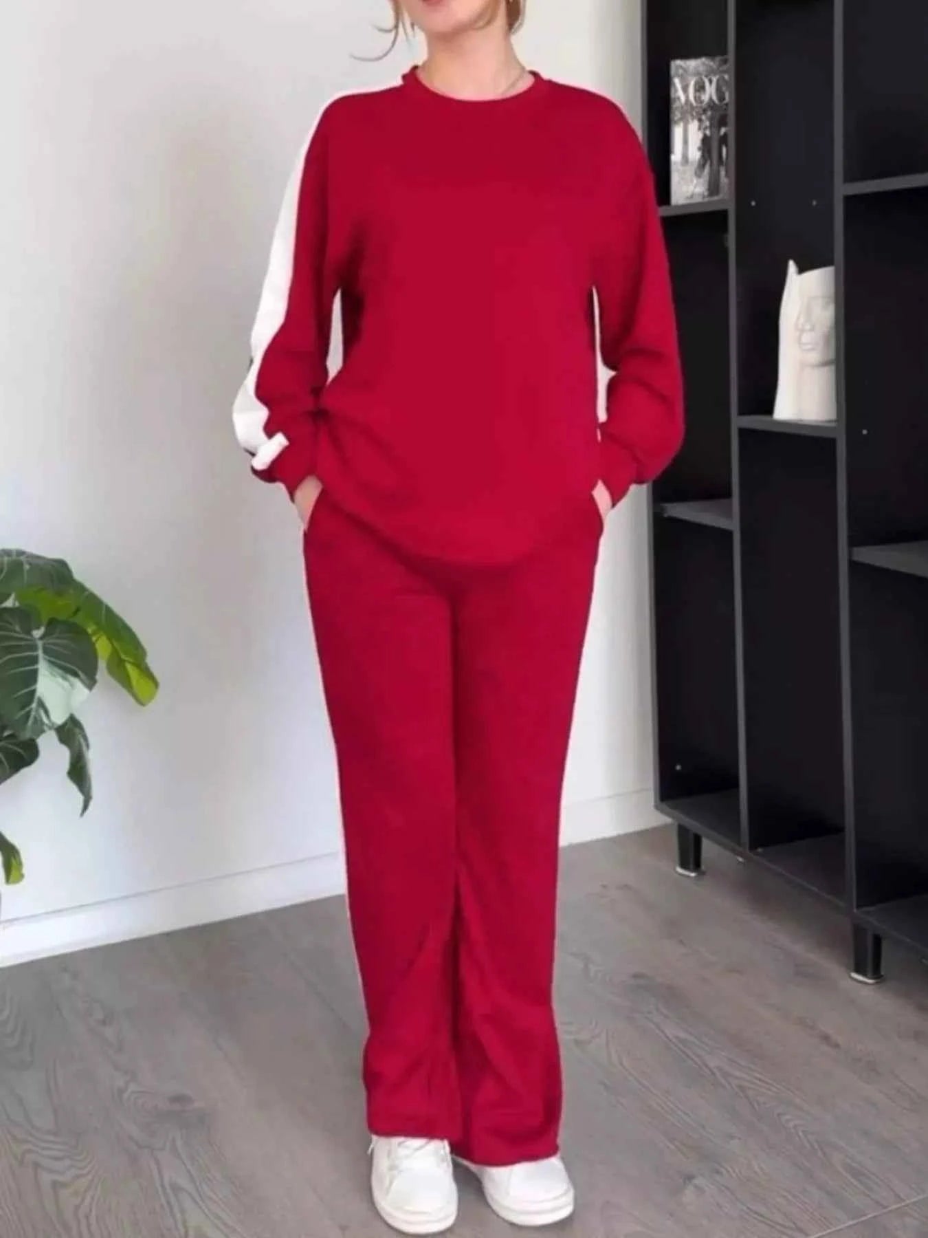 Full Size Contrast Round Neck Top and Pants Set Plus Size
