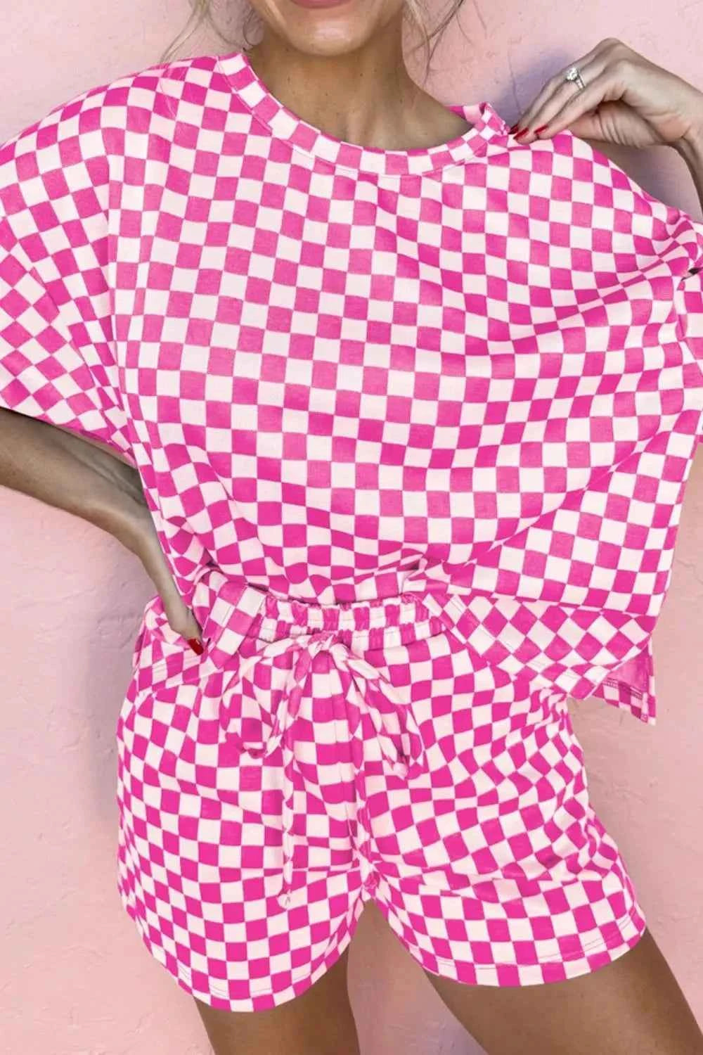Checkered Round Neck Top and Shorts Two-Piece Set