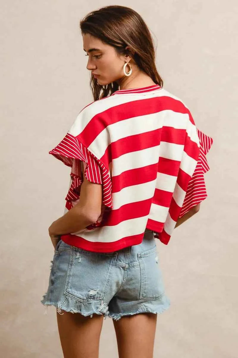 BiBi Stripe Mixed Ruffle Sleeve Top With Leopard Letter