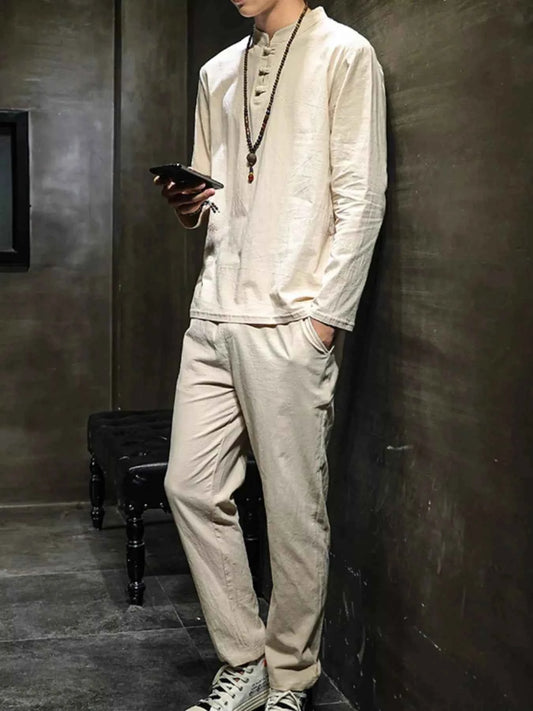 Men's Plus Size Button Detail Long Sleeve Top and Pants Set