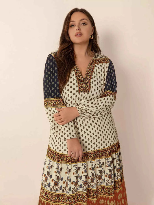 Plus Size Notched Balloon Sleeve Maxi Dress