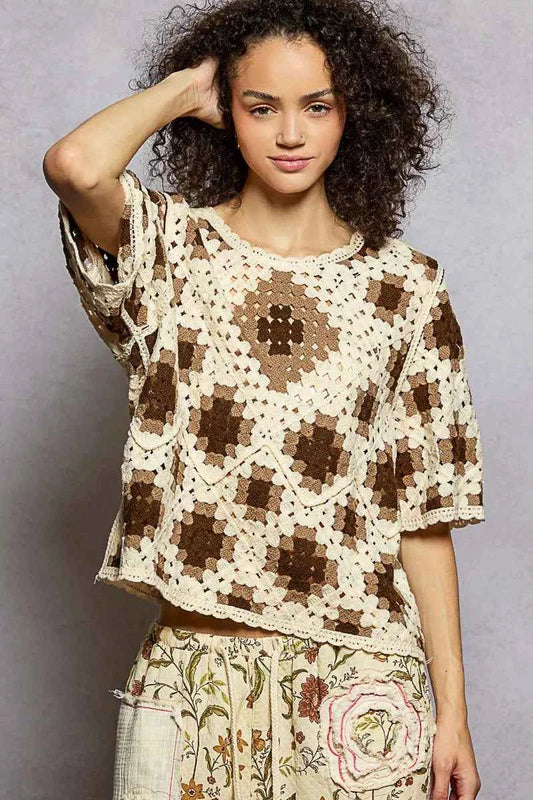 POL Round Neck Short Sleeve Color Pattern Crochet Top with Border Accents