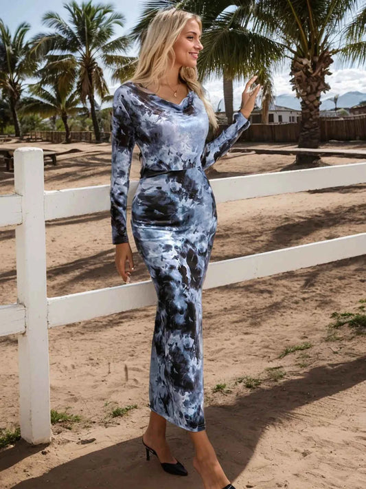 Long Sleeve Tie Dye Bodycon Dress with Side Slit