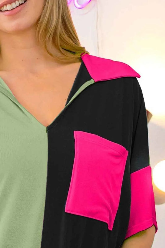 BiBi Slinky Knit Color Block V Neck Front Top