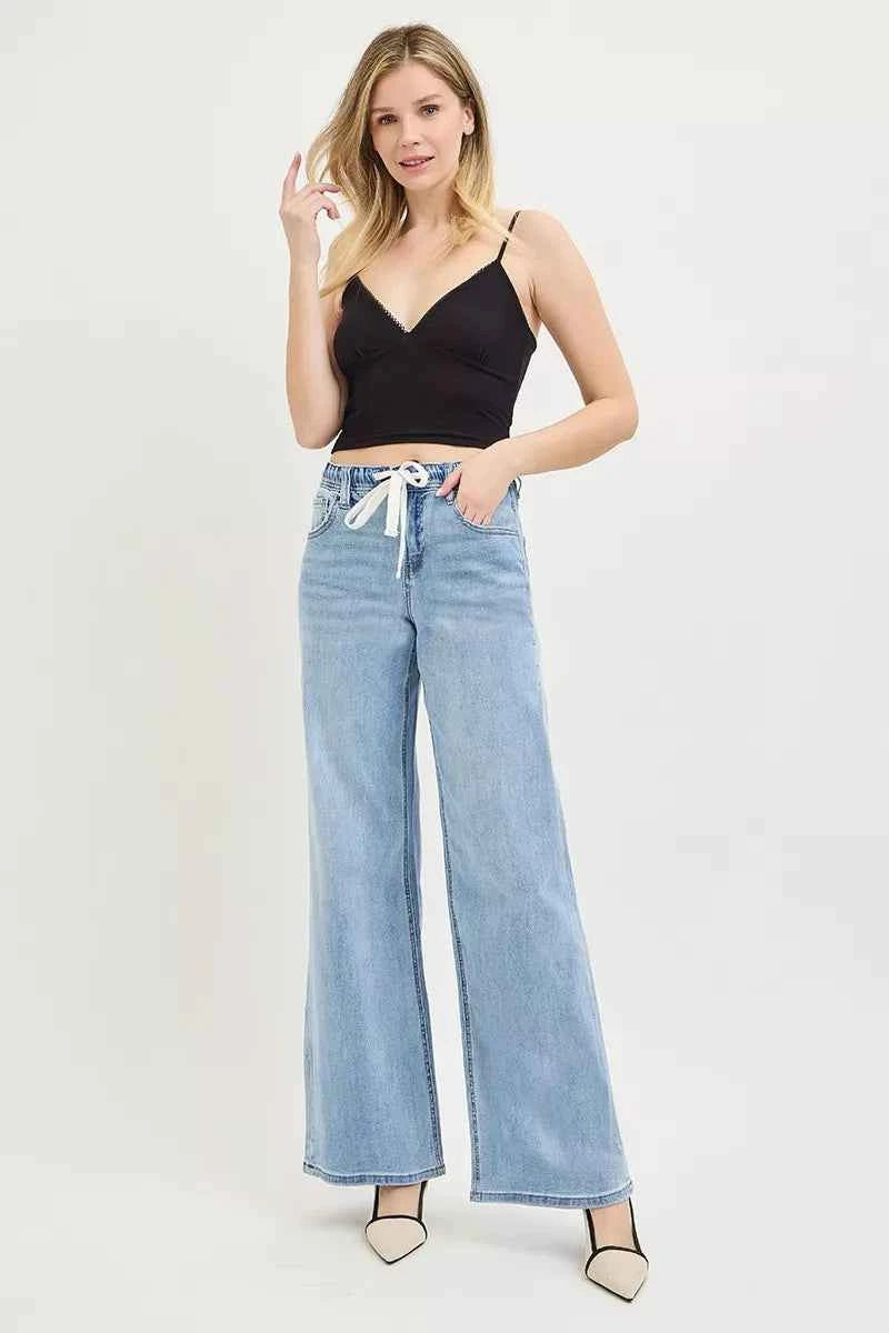 RISEN Elastic Band Slouchy Wide Jeans with Drawstring