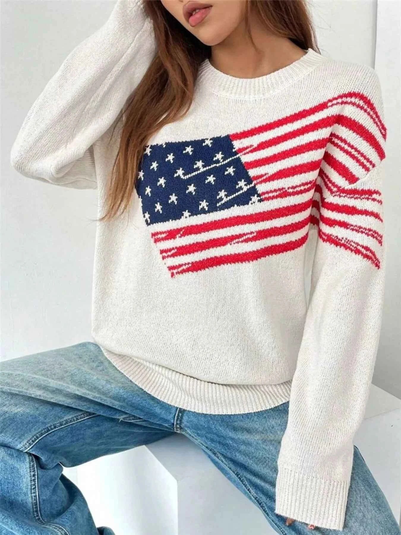 US Flag Round Neck Long Sleeve Sweater