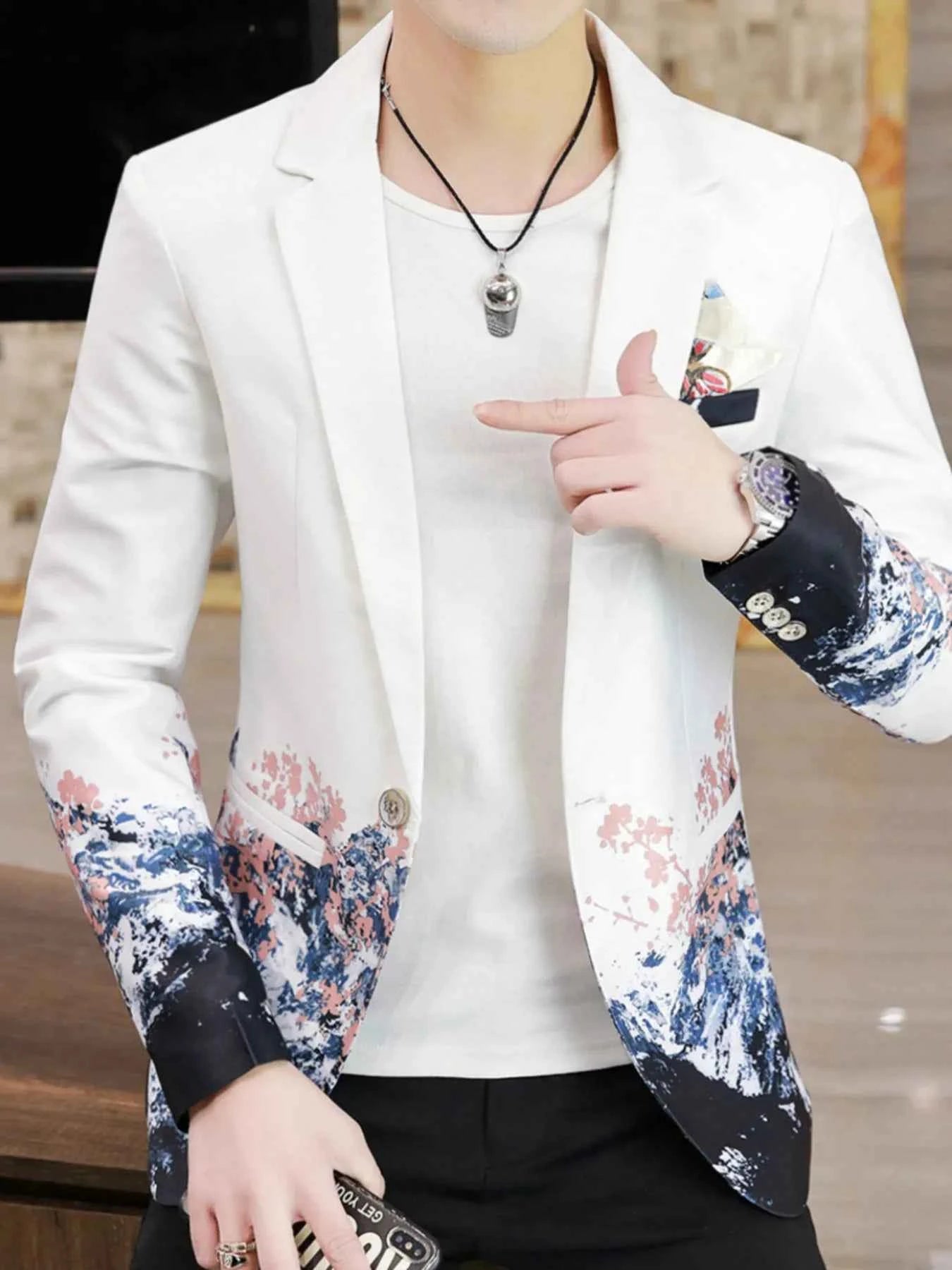 Men's Plus Size Printed One Button Long Sleeve Blazer