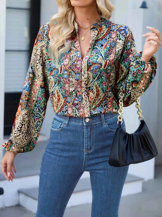 Printed Notched Balloon Sleeve Blouse