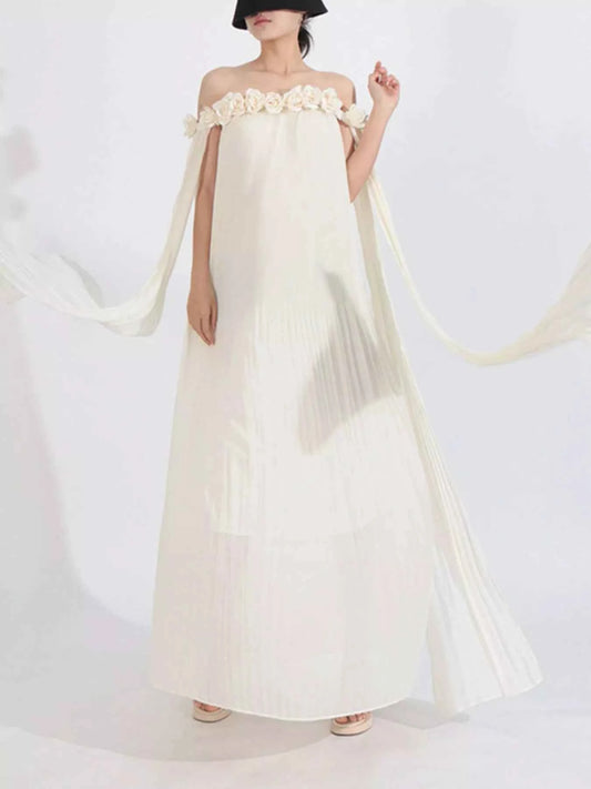 Off-Shoulder Floral Pleated Maxi Dress