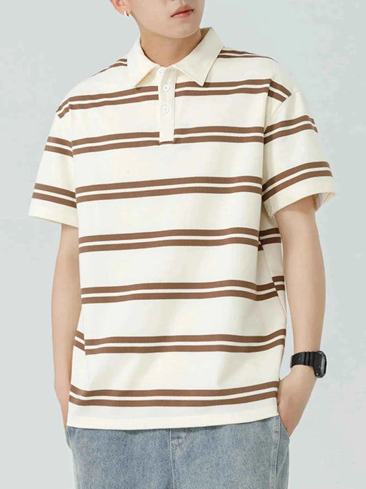 Men's Plus Size Striped Button Detail Short Sleeve Polo